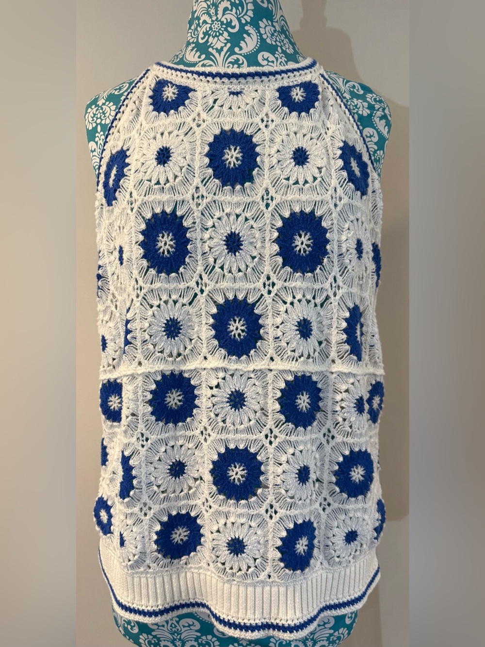 TRIBAL JEANS brand White & Blue Granny Square Crochet Rocker Tank Top